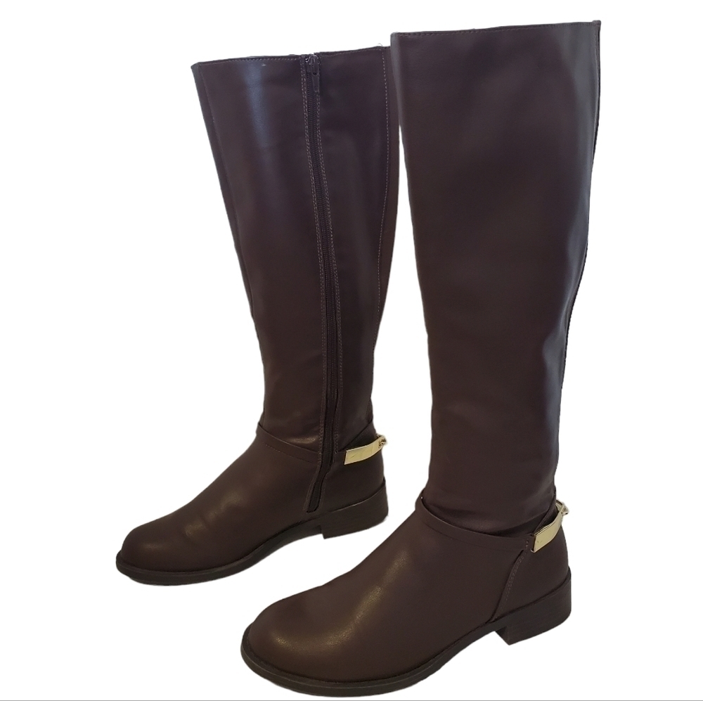Sears Connor Vegan leather Brown Riding Boots with Zipper and Gold Buckle
